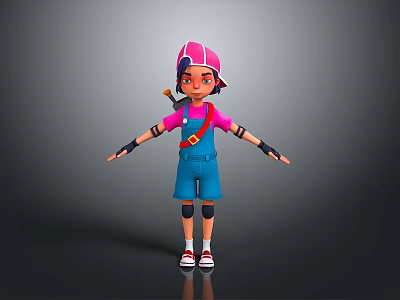 Cartoon Character With Pink Hat And Blue Overalls Standing With Small Brown Creature 3d model