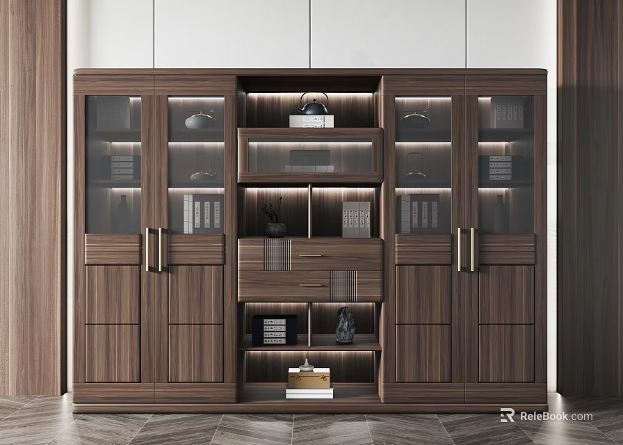 Modern Wooden Bookcase With Glass Doors And Shelves Holding Books Decorative Items 3d model 