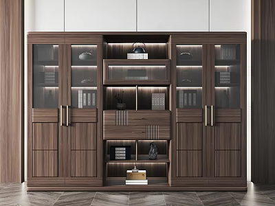 Modern Wooden Bookcase With Glass Doors And Shelves Holding Books Decorative Items 3d model