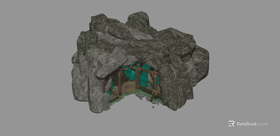 Rock Cave Structure With Green Interior And Wooden Frames Design 3d model 