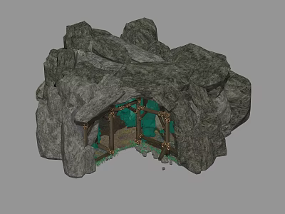 Rock Cave Structure With Green Interior And Wooden Frames Design 3d model