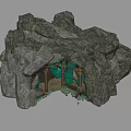 Rock Cave Structure With Green Interior And Wooden Frames Design