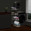 Multi Tiered Storage Rack In Laundry Room With Washing Machine And Organized Supplies