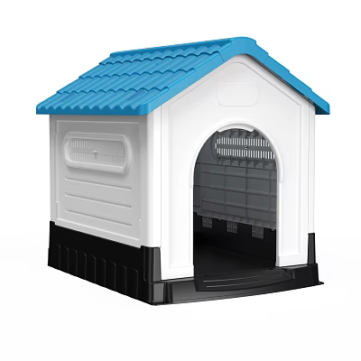 Plastic Dog House With Blue Roof White Body Black Base Arched Entrance And Ventilation Grilles 3d model