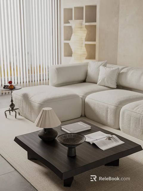 Living Dining Room Interior Design With White Sofa Coffee Table Blinds And Table Lamp 3d model 