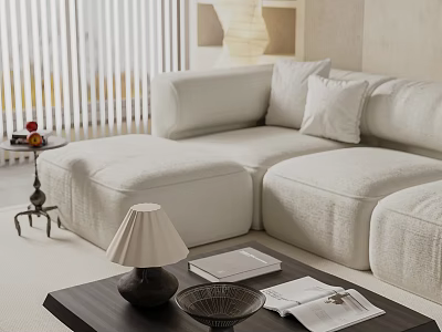 Living Dining Room Interior Design With White Sofa Coffee Table Blinds And Table Lamp 3d model