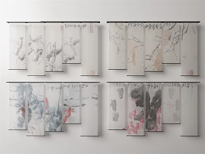 Traditional Chinese Ink Painting Curtains With Floral And Landscape Patterns 3d model
