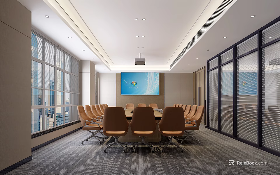 Modern Conference Room With Large Table Brown Chairs Big Screen And Windows 3d model 