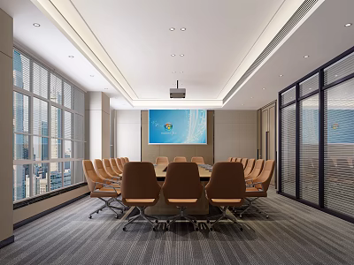 Modern Conference Room With Large Table Brown Chairs Big Screen And Windows 3d model
