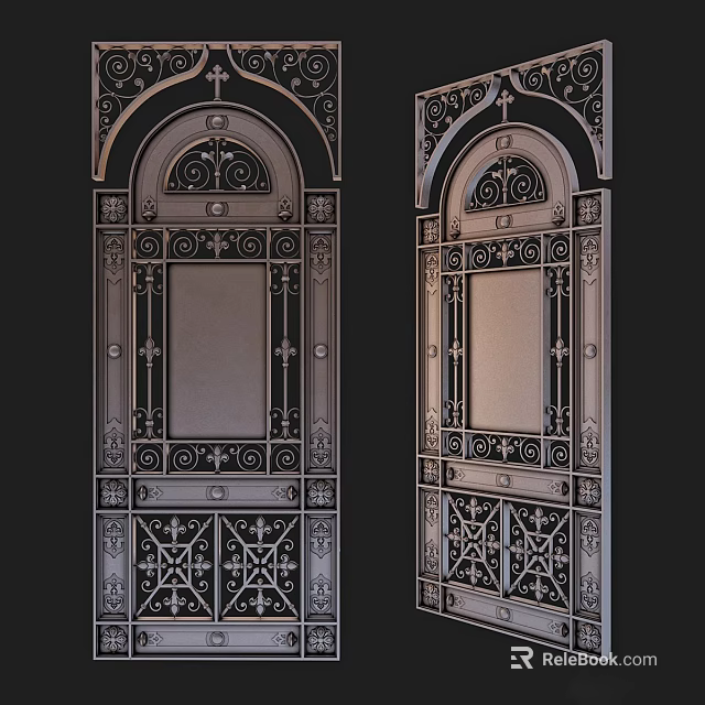 Ornate Double Iron Gate With Intricate Carved Patterns And Arch Top Design 3d model 