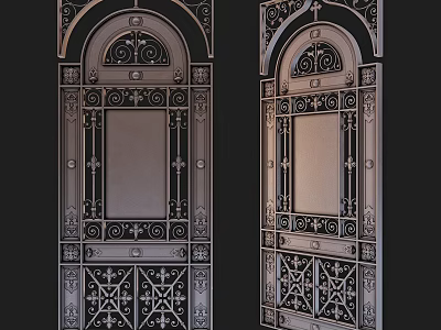 Ornate Double Iron Gate With Intricate Carved Patterns And Arch Top Design 3d model