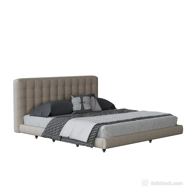 Modern Beige Double Bed With Tufted Headboard Plush Pillows And Neutral Bedding 3d model