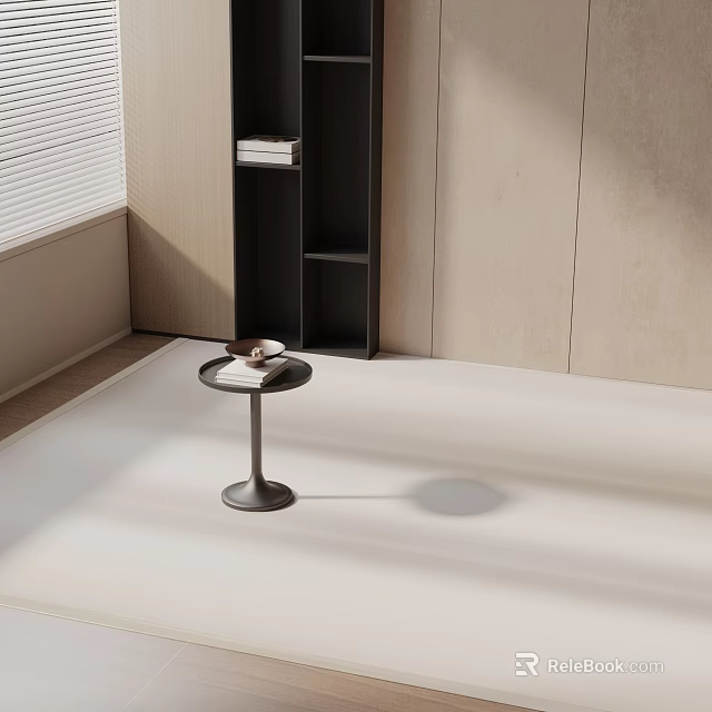 Natural Light from Blinds Illuminates Side Table with Cup and Book Next to Black Shelf 3d model 