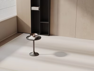 Natural Light from Blinds Illuminates Side Table with Cup and Book Next to Black Shelf 3d model