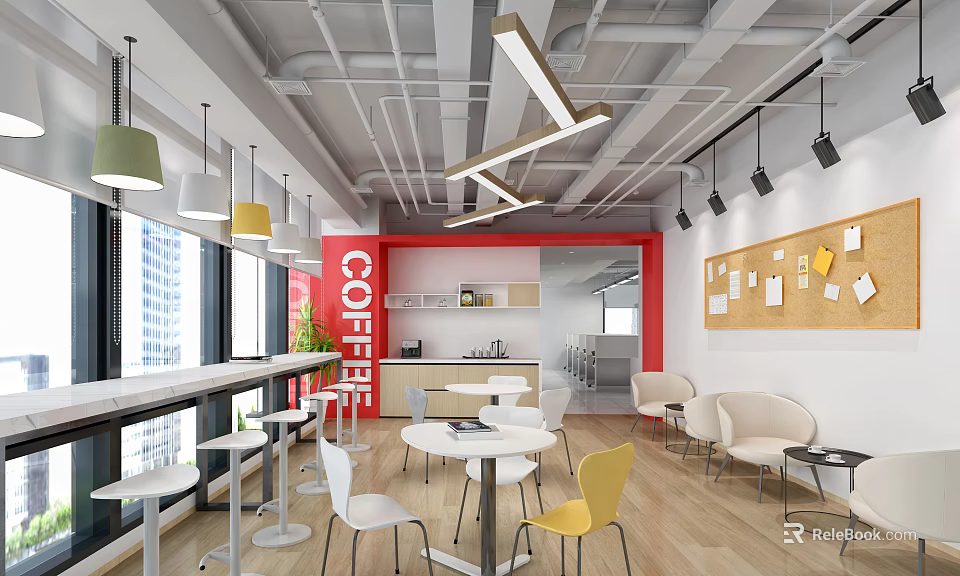 Modern Office Break Room With Coffee Area White Yellow Chairs And Large Windows 3d model 