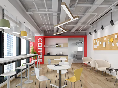 Modern Office Break Room With Coffee Area White Yellow Chairs And Large Windows 3d model