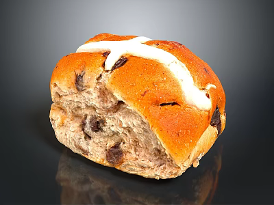 Freshly Baked Soft Hot Cross Bun With White Cross Icing And Juicy Raisins 3d model