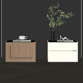 Modern Stylish Nightstands With Wooden Striped White Drawer Coffee Books Green Plant Vase And Decor