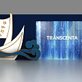 Decorative Blue Background Wall With Sailing Boat Wave And Chinese Character Design