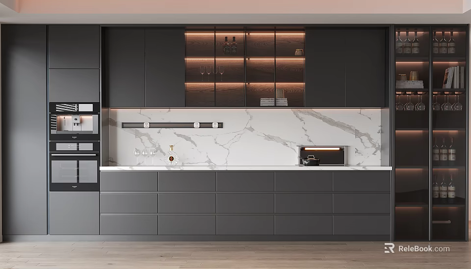 Modern Kitchen Interior With Gray Cabinets And Backlit Wine Cabinet On Marble Countertop 3d model 