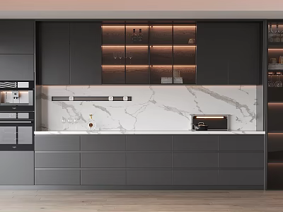 Modern Kitchen Interior With Gray Cabinets And Backlit Wine Cabinet On Marble Countertop 3d model