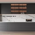 Modern Kitchen Interior With Gray Cabinets And Backlit Wine Cabinet On Marble Countertop