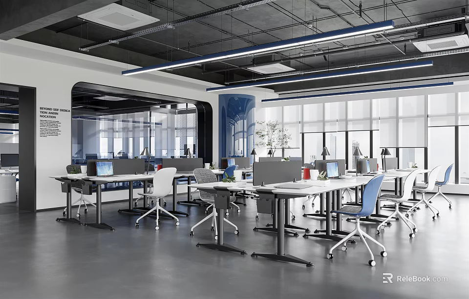 Modern Public Office Space With Open Layout Desks Chairs And Windows 3d model 