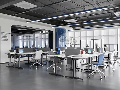 Modern Public Office Space With Open Layout Desks Chairs And Windows 3d model