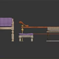 Wooden Table And Benches Set With Gold Legs Purple Gray Striped Cushions