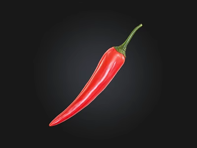 Fresh Ripe Red Chili Pepper Isolated On Black Background With Green Stem 3d model
