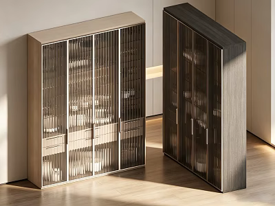 Light And Dark Wood Cabinets With Vertical Slats In Modern Interior Design 3d model