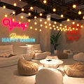 Modern Bar Interior With Illuminated Stepping Stones Neon Lights And Moon Decor