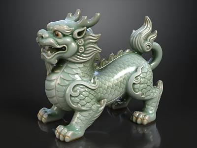 Green Glazed Qilin Sculpture With Scales Curled Tail And Horns On Black 3d model