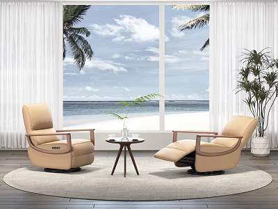 Beige Leather Single Sofa With Sea View Palm Trees White Curtains And Small Table 3d model