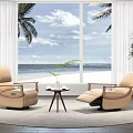 Beige Leather Single Sofa With Sea View Palm Trees White Curtains And Small Table