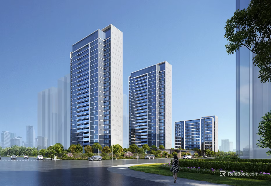 Modern High Rise Residential Buildings With Glass Curtain Walls Greenery And Blue Sky 3d model 