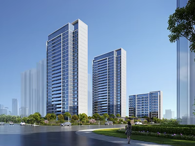 Modern High Rise Residential Buildings With Glass Curtain Walls Greenery And Blue Sky 3d model