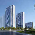Modern High Rise Residential Buildings With Glass Curtain Walls Greenery And Blue Sky