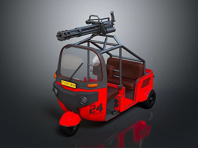 Red Three Wheeled Functional Vehicle With Roof Mounted Machine Gun And Brown Seats 3d model