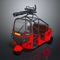 Red Three Wheeled Functional Vehicle With Roof Mounted Machine Gun And Brown Seats