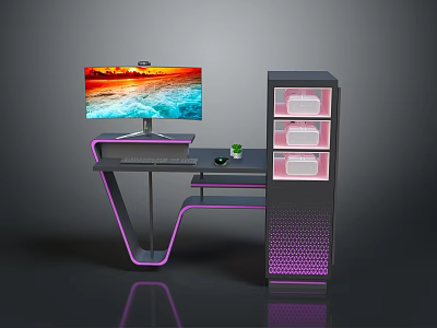 Modern Bookcase With LED Lighting Storage Shelves Home Office Computer Desk Setup 3d model