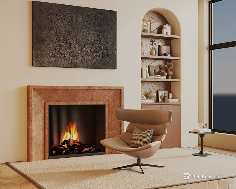 Beige Leisure Chair With Throw Pillow By Brick Fireplace On Area Rug And Small Side Table 3d model 