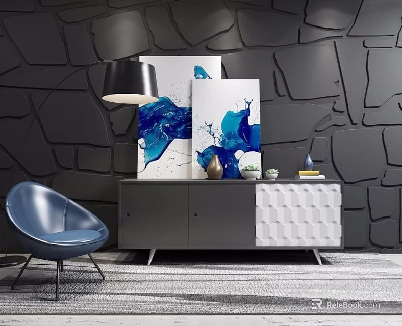 Modern Console Cabinet With Blue Abstract Paintings Decorative Vase And Blue Chair By Textured Wall 3d model 