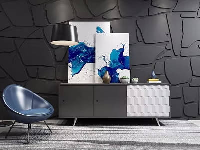 Modern Console Cabinet With Blue Abstract Paintings Decorative Vase And Blue Chair By Textured Wall 3d model