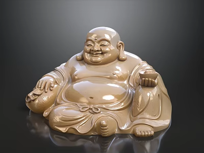 Golden Happy Buddha Sculpture With Smiling Face Sitting Posture And Holding Bag 3d model