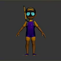 Cartoon Character In Purple Wetsuit With Diving Mask And Underwater Weapon Gear