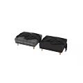 Gray Plaid Fabric And Black Leather Ottoman With Wooden Legs And Draped Black Blanket