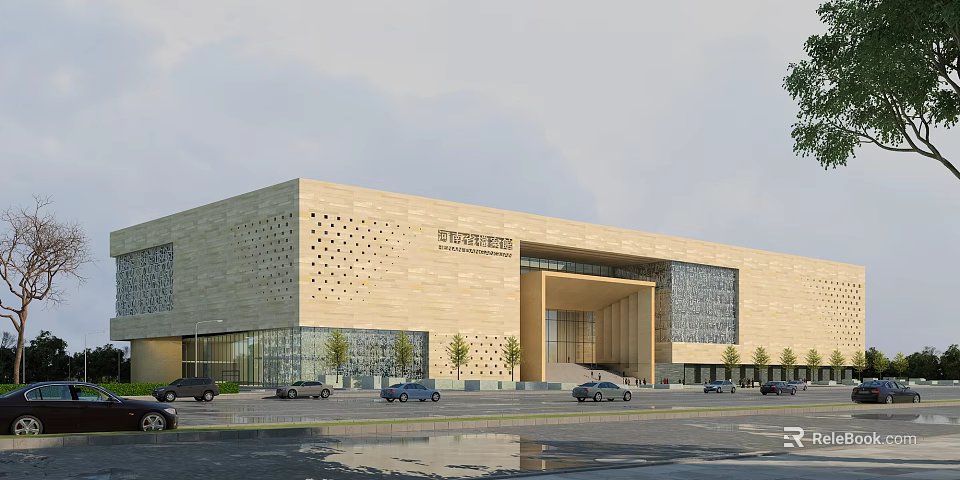 Modern Museum Building With Beige Stone Perforated Facade Glass Curtain Wall And Grand Entrance 3d model 