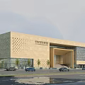 Modern Museum Building With Beige Stone Perforated Facade Glass Curtain Wall And Grand Entrance