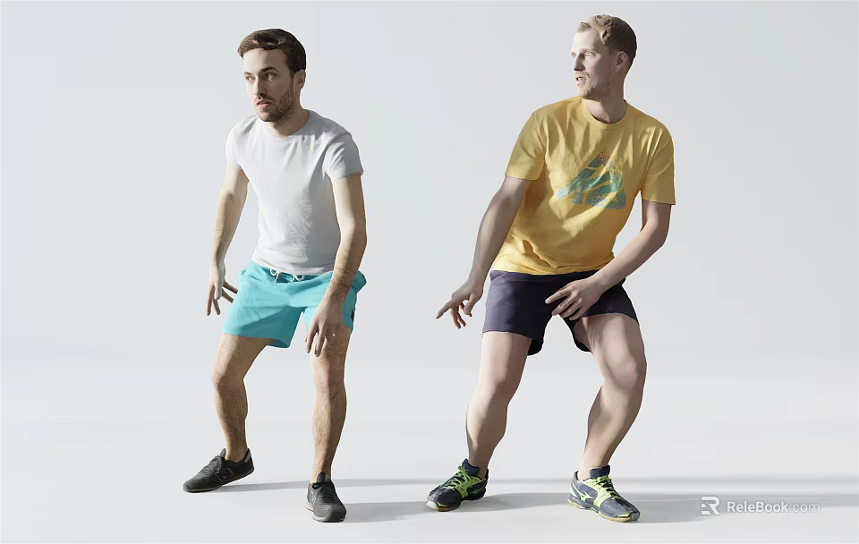Two Men Wearing T Shirts And Shorts In Dynamic Stances 3d model 